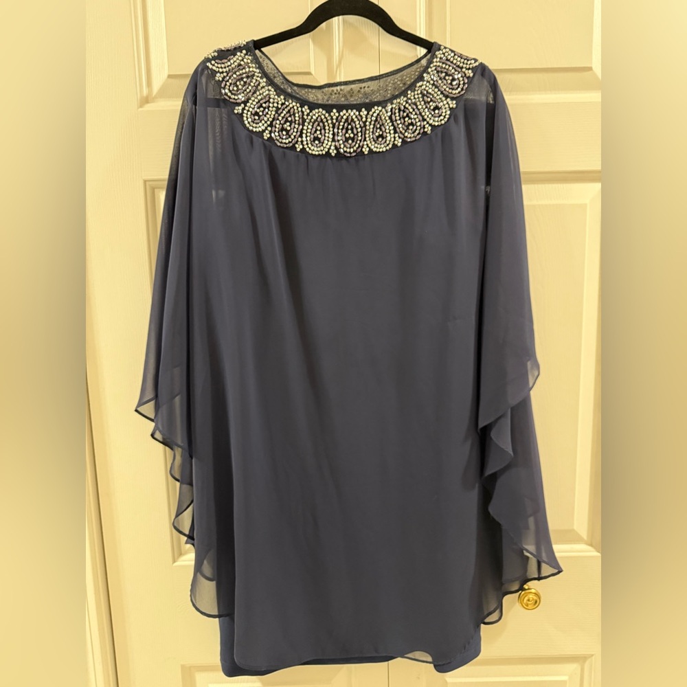 XSCAPE Navy Beaded Cape Dress 14 Wedding Guest Mother of Bride Formal - Picture 5 of 10